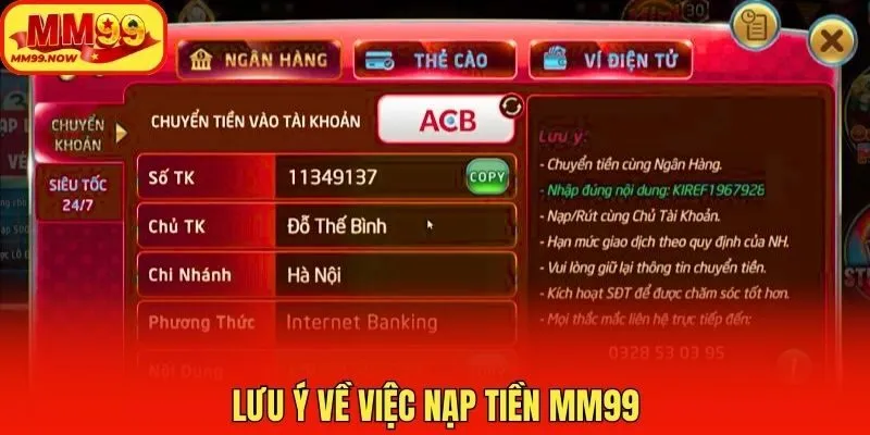 Lưu ý về việc nạp tiền MM99